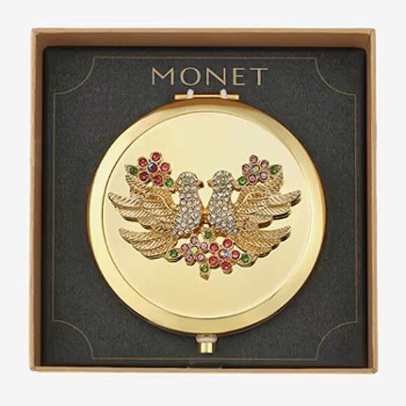 MONET Compact Mirror Love Birds Gold Tone New in Box - Picture 1 of 6
